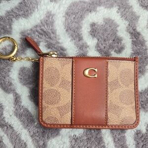Coach Tan Brown Signature Card Case Key Pouch with Brass Gold Hardware